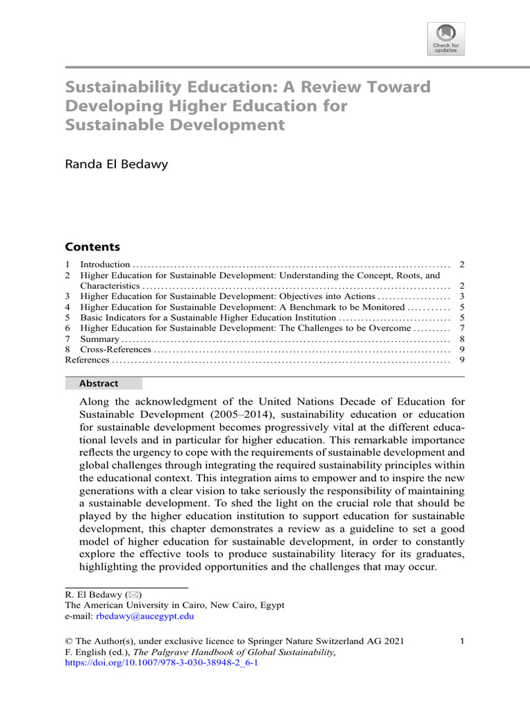 Sustainability Education: A Review Toward Developing Higher Education ...
