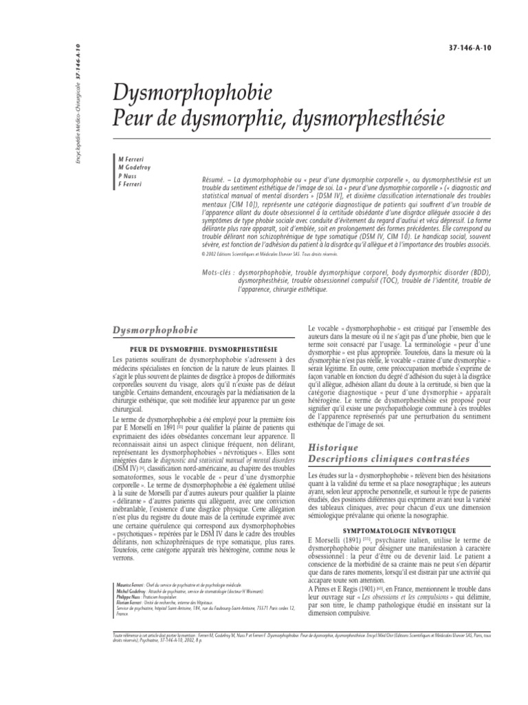 Dysmorphophobie Peur de Dysmorphie, Dysmorphesthésie | PDF