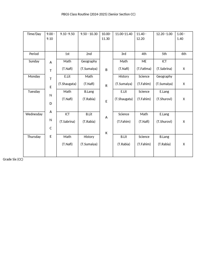 Grade six cc routine old 2024 2025 pdf