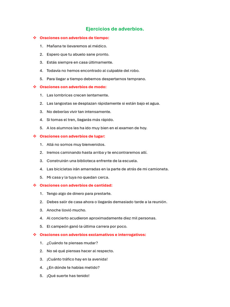 Ejercicios Prácticos de Adverbios | PDF | Artes del Lenguaje y Comunicación