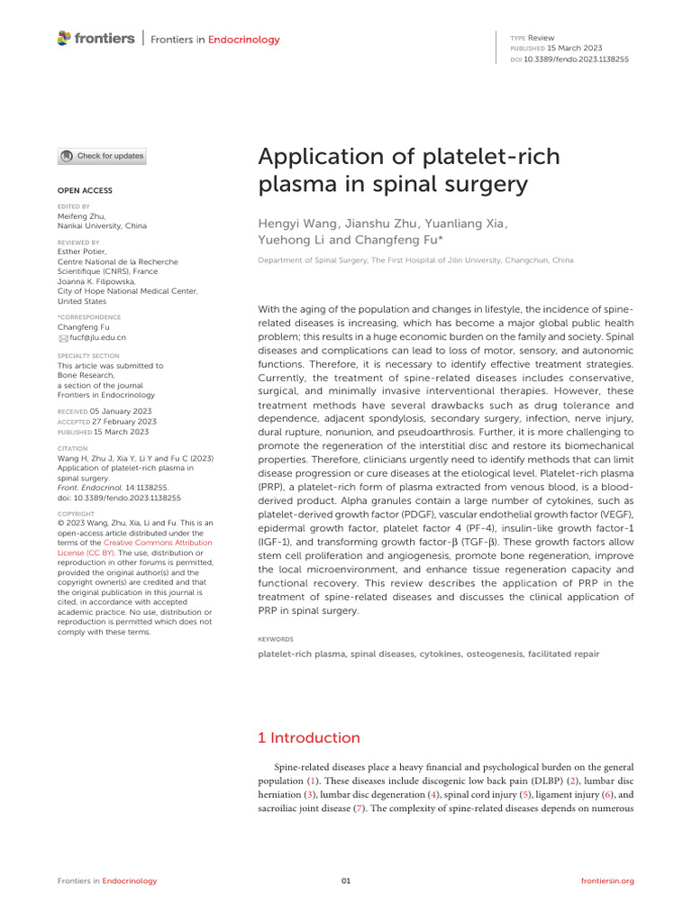 Application of Platelet-Rich Plasma in Spinal Surgery | PDF