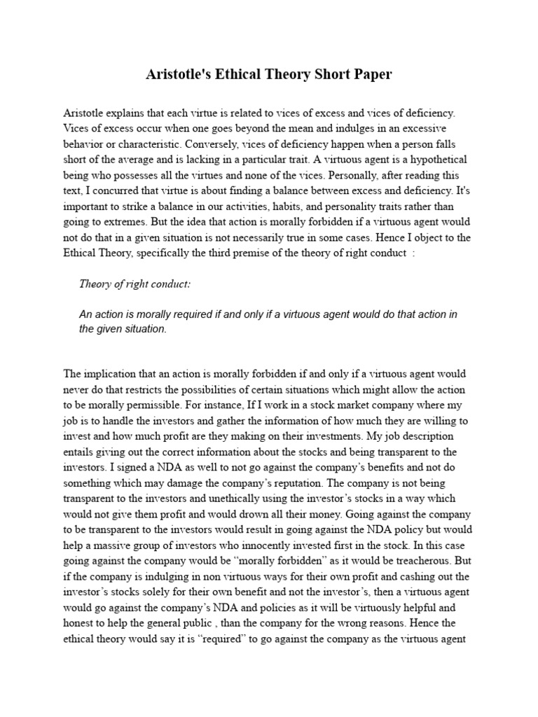 Aristotle's Ethical Theory Short Paper | PDF