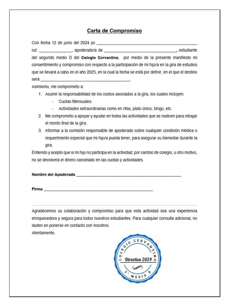 Carta de Compromiso para Gira Estudiantil | PDF | Finanzas y dinero