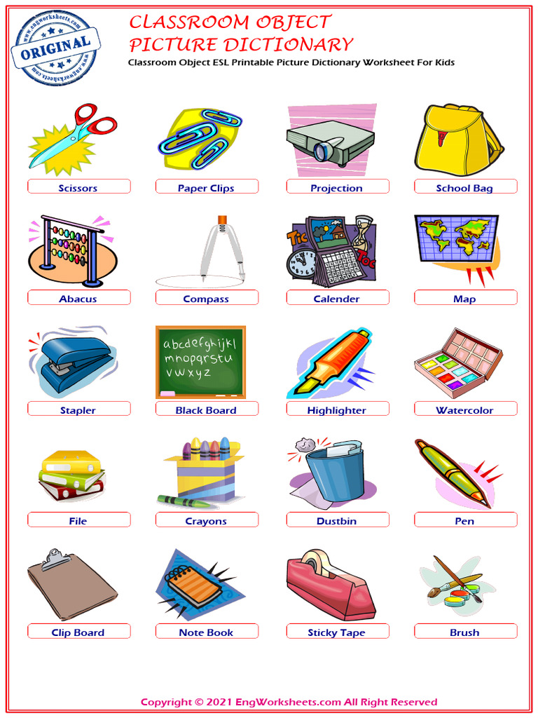 Classroom object esl printable picture dictionary worksheet for kids