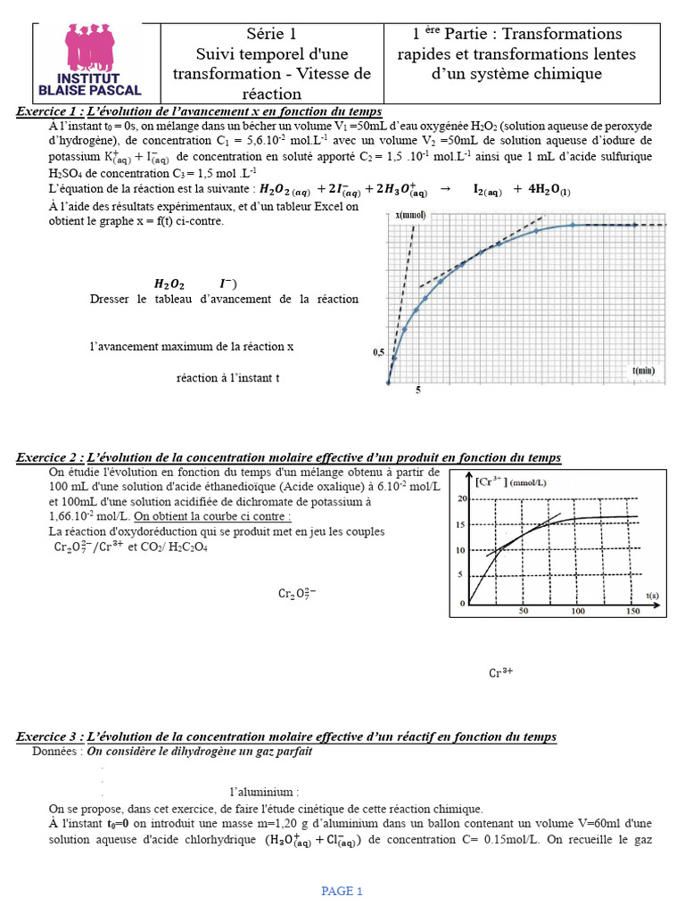 Série 1 Suivi Temporel D'une Transformation Chimique Vitesse de ...
