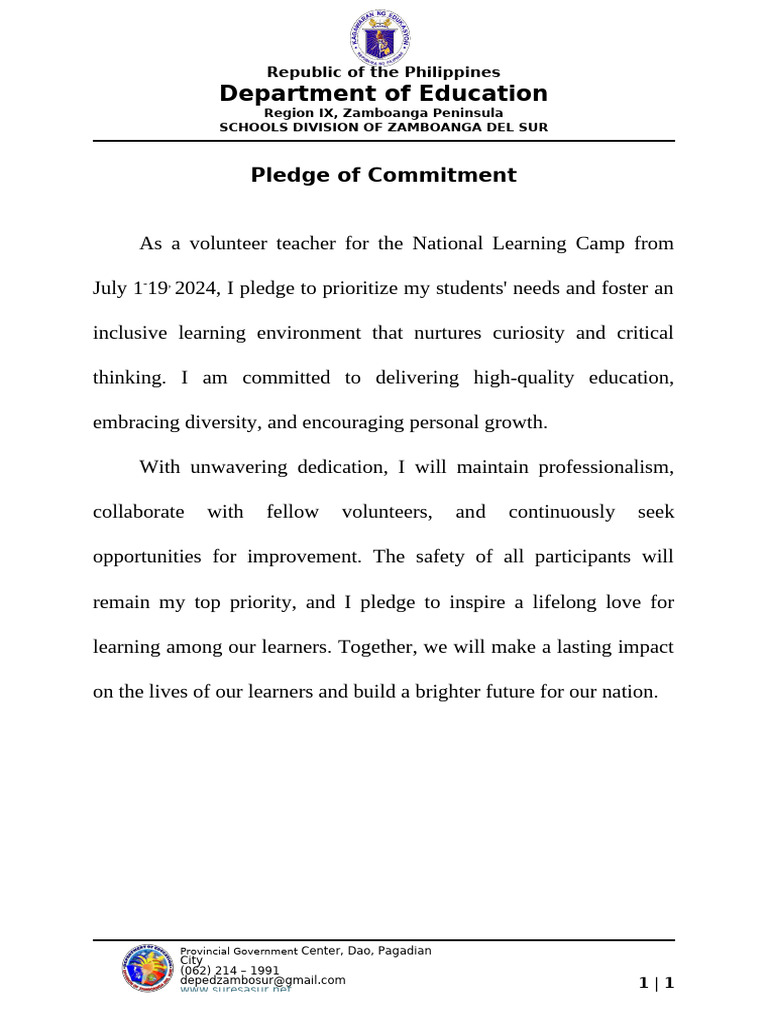 Annex 1-NLC Pledge of Commitment | PDF | Social Science | Wellness