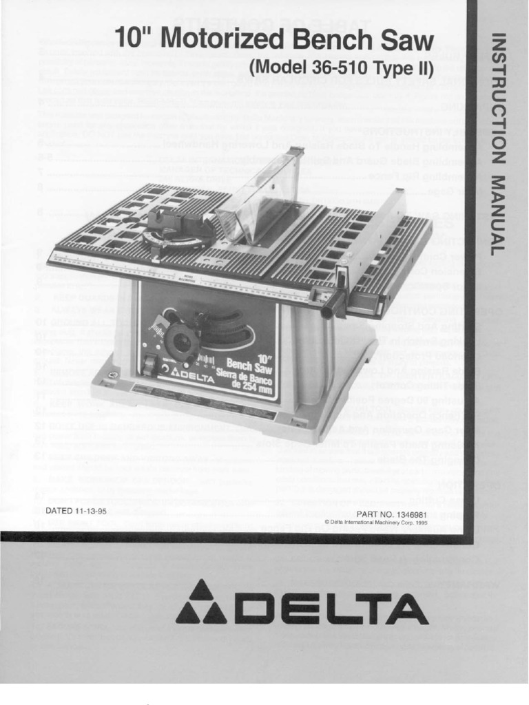 Delta 10" Motorized Bench Saw Manual PDF Filling Station Industries — free download