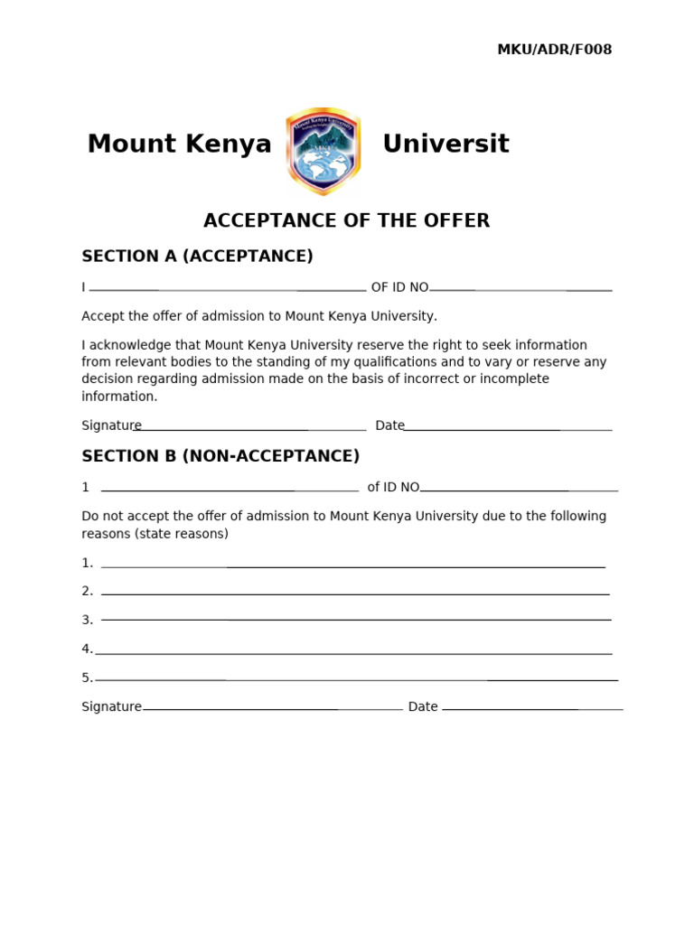 Acceptance Form-Mku-Adr-F008 | PDF