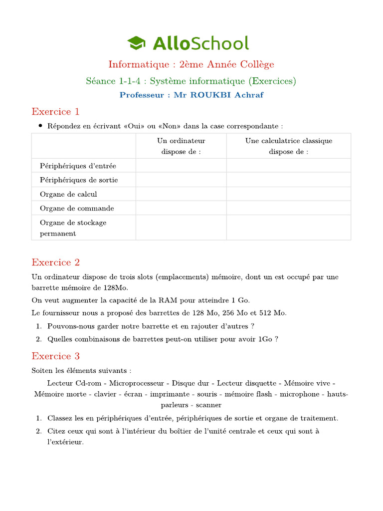 Seance 1 1 4 Systeme Informatique Exercices | PDF