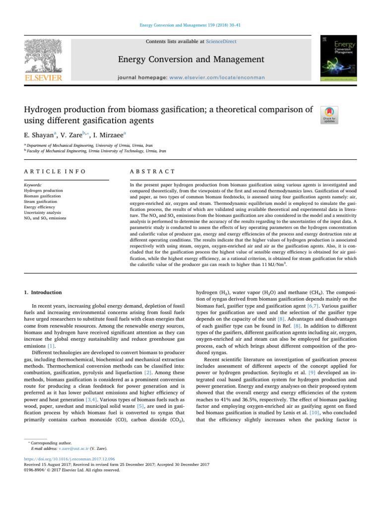 Hydrogen Production via Biomass Gasification | PDF | Gasification | Exergy
