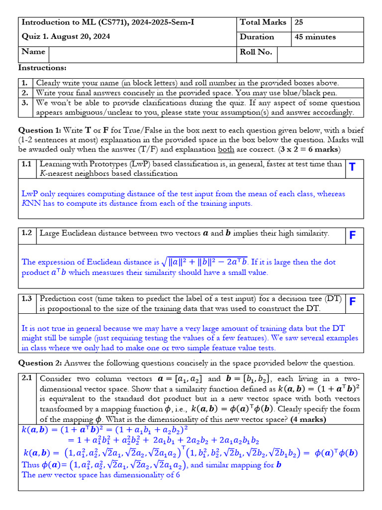 Quiz 1 Solutions | PDF