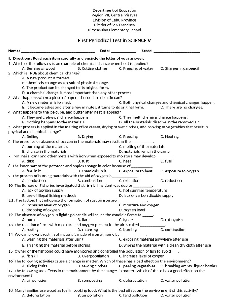 Science 5 Periodical Test | PDF