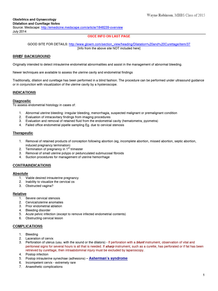 5 OBGYN Dilatation and Curettage Notes | PDF
