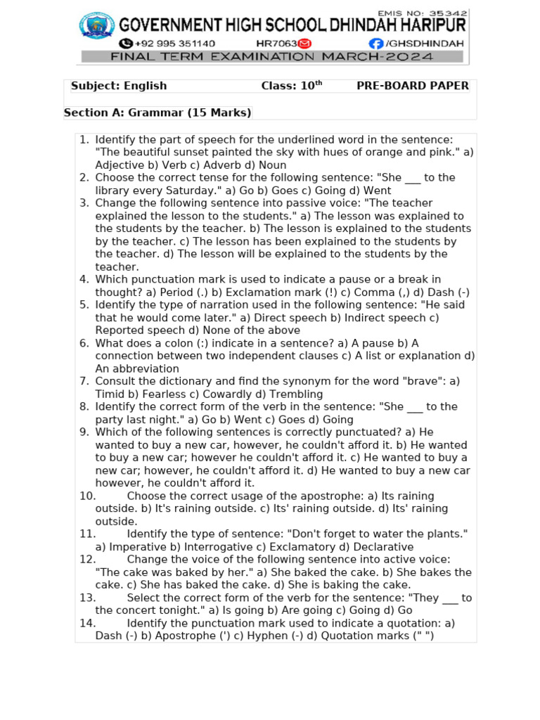 Pre-Board Paper ANSWER KEY | PDF