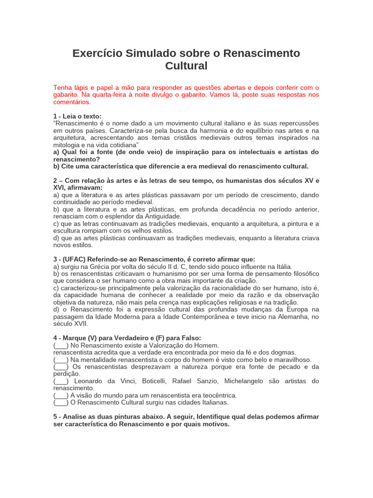 Exercício Simulado sobre o Renascimento Cultural | PDF