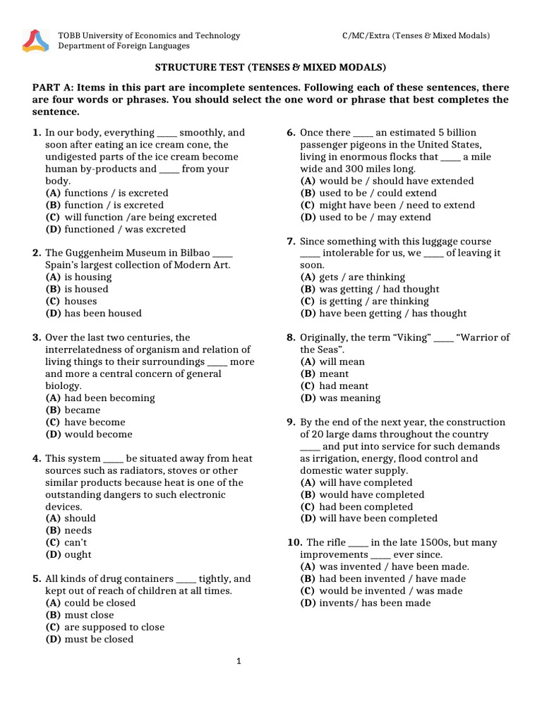 Structure Test (Tenses - Mixed Modals) With AK | PDF