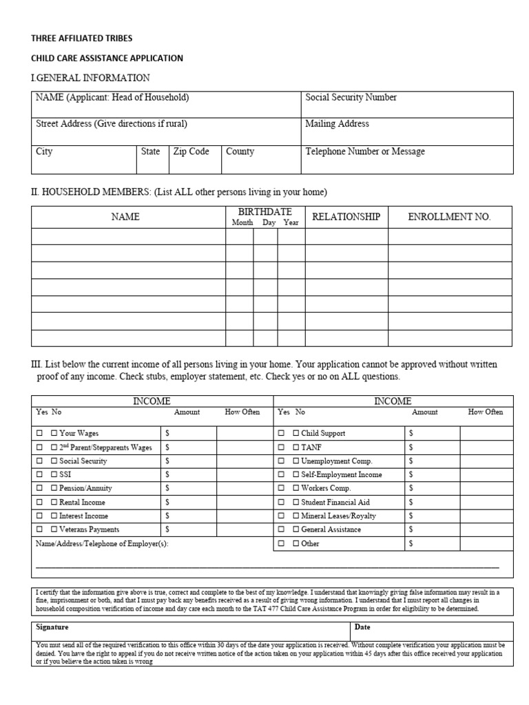 Three Affiliated Tribes Child Care Assistance Application | PDF