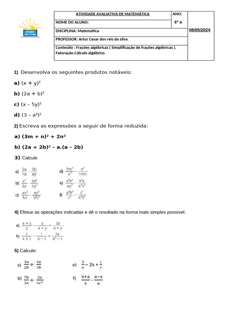 Exercícios de Simplificaçao de Fraçoes Algébricas - Fatoraçao e Calculo ...