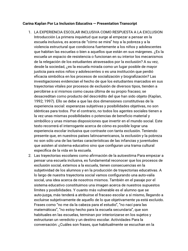 Carina Kaplan Por La Inclusion Educativa - Presentation Transcript | PDF