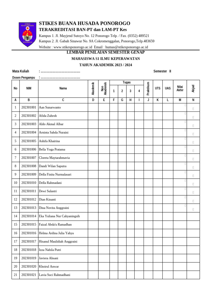 Form Nilai KEP Semester Genap 23-24 | PDF
