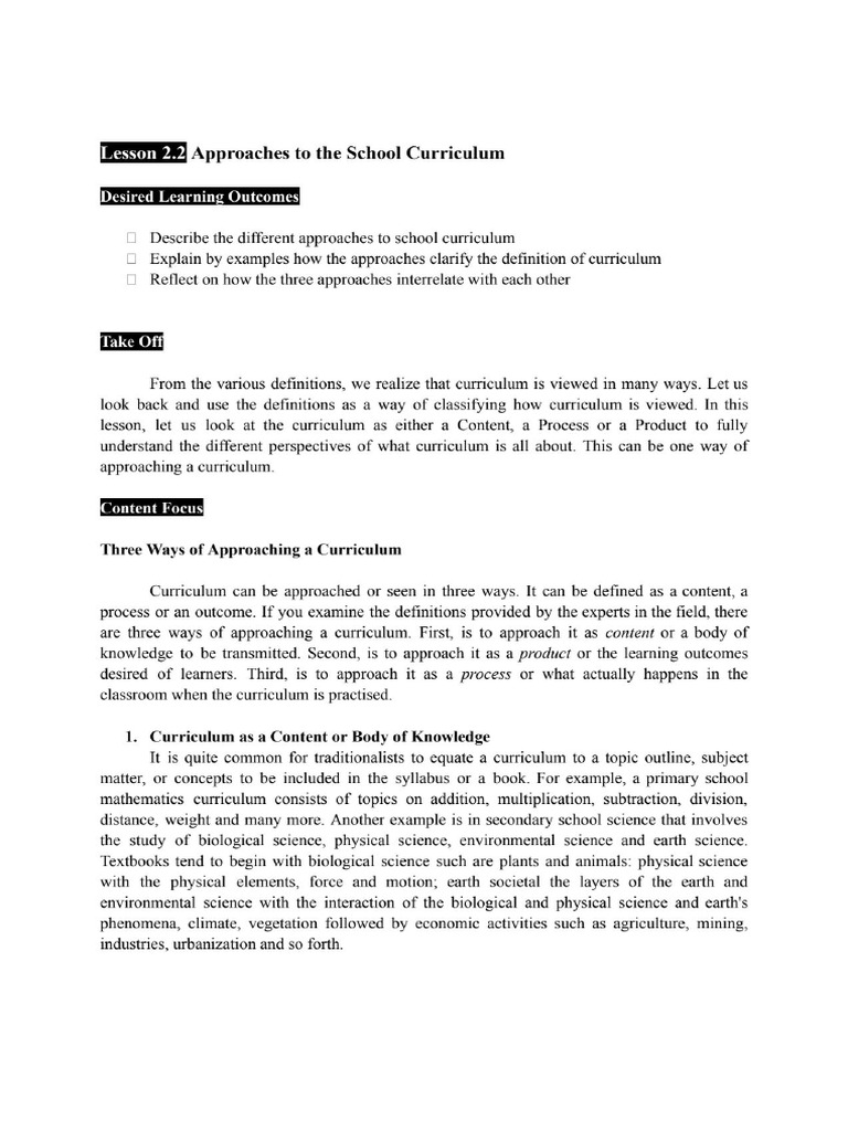 Lesson 1.3 Approaches To The School Curriculum | PDF
