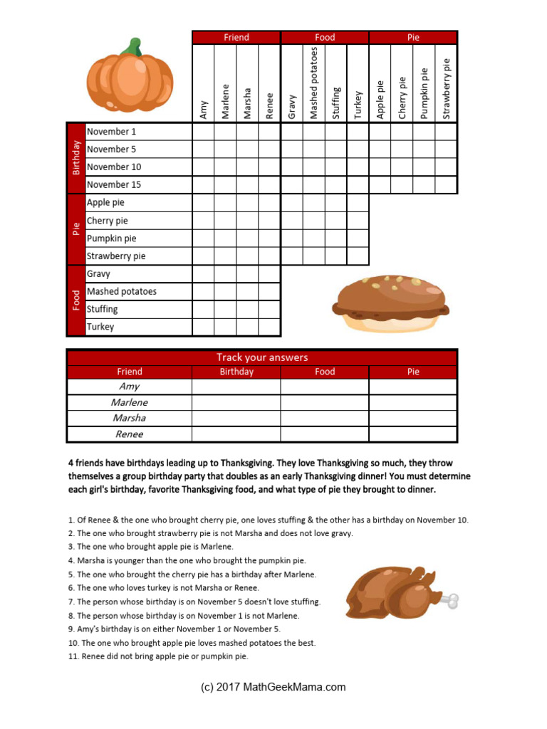 thanksgiving logic puzzle | pdf | thanksgiving dinner | turkey meat