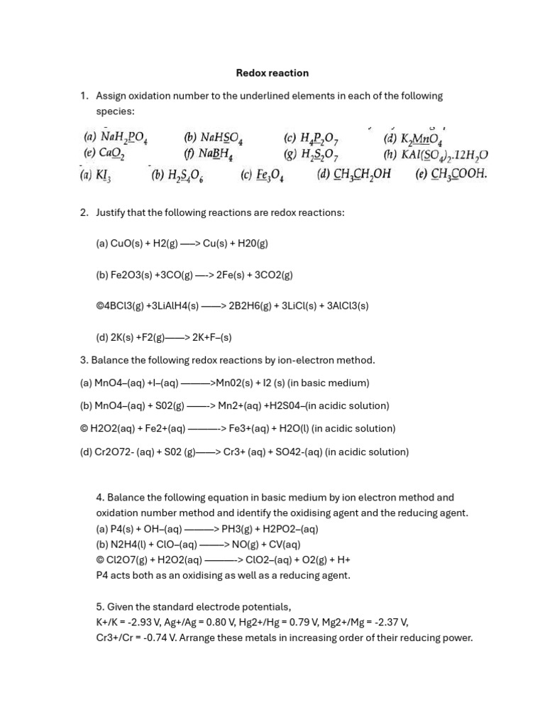 Chemistry Redox Reactions Guide | PDF