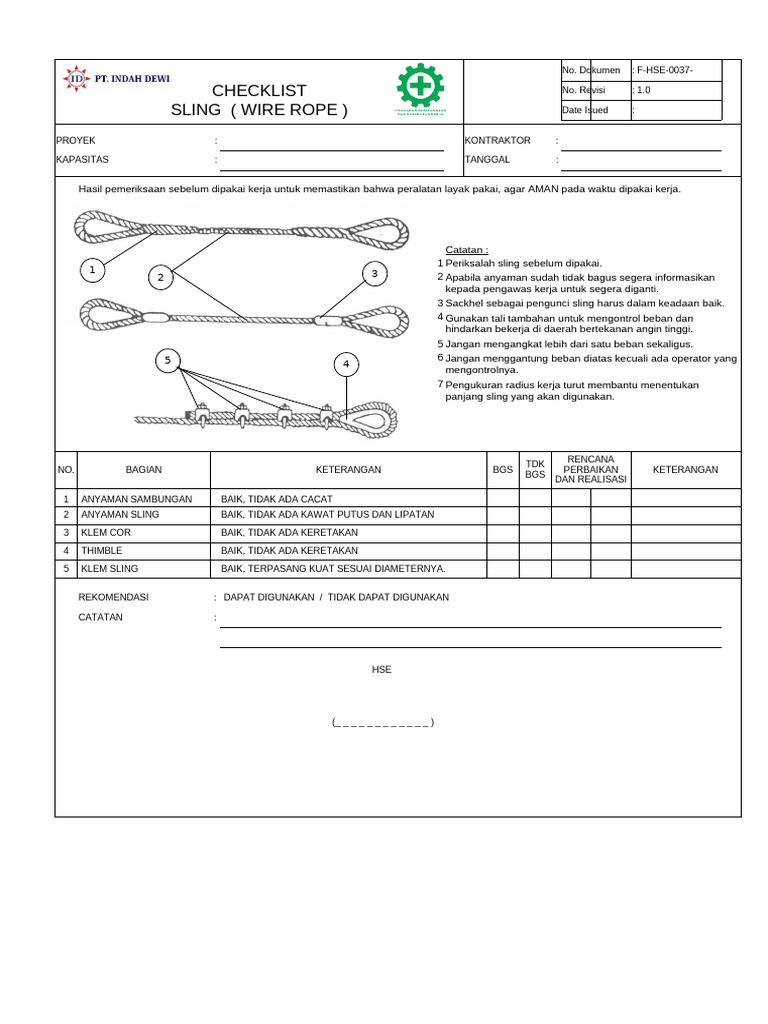 Form Checklist Inspeksi Sling (Wire Rope) | PDF