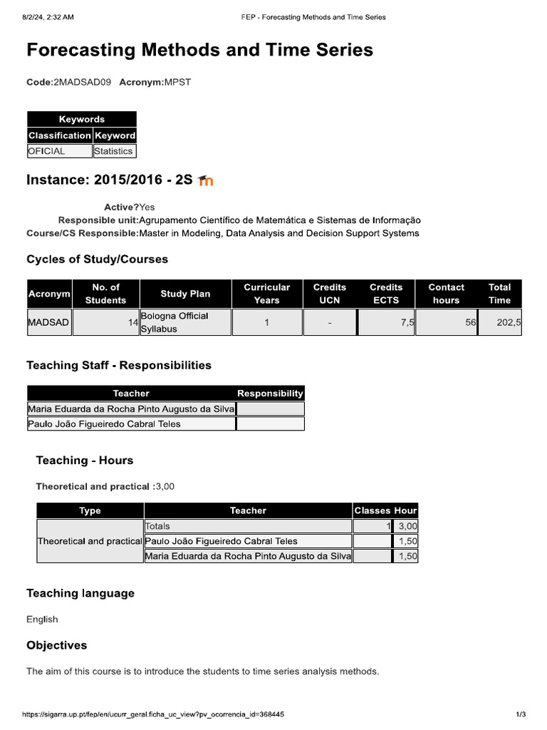 Forecasting Methods And Time Series Syllabus Pdf