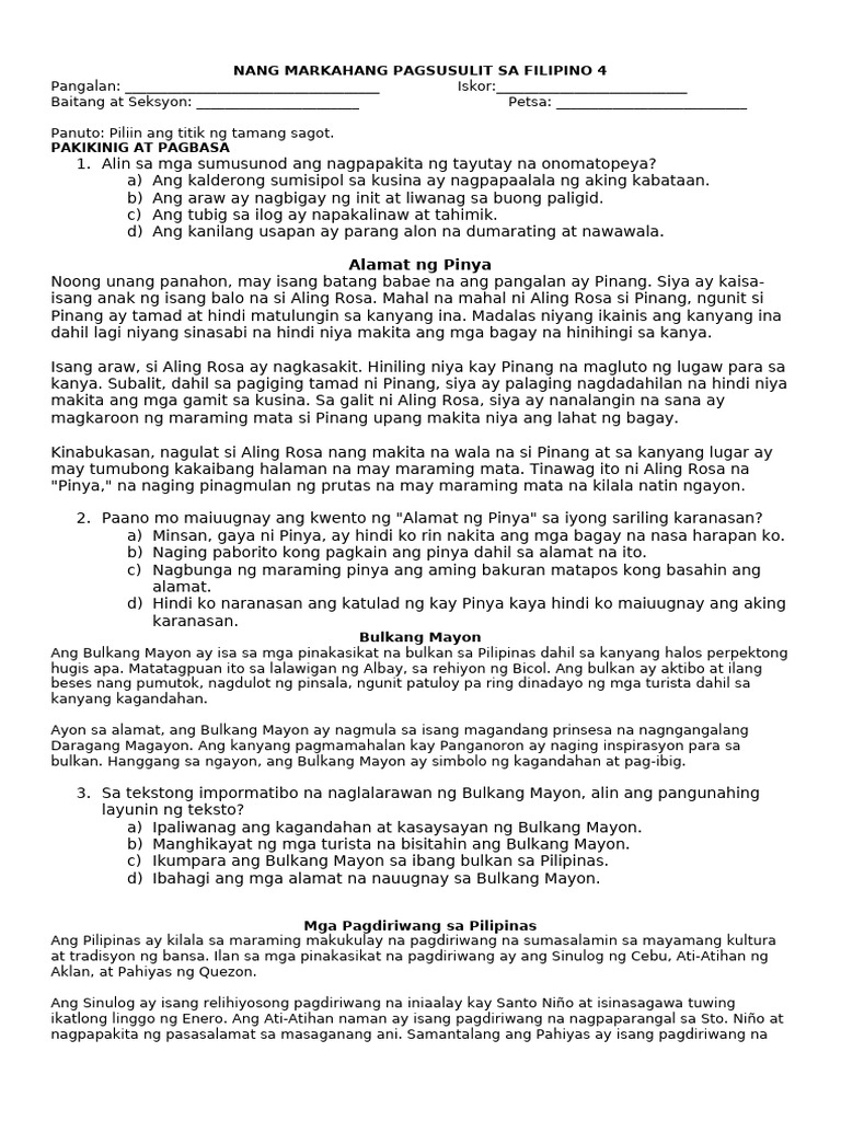 Grade 4 Matatag First Periodical Test in FIlipino 4 | PDF