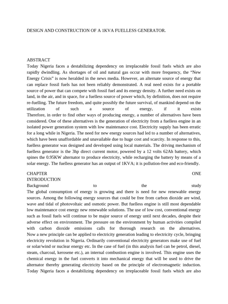 DESIGN AND CONSTRUCTION OF A 1KVA FUELLESS GENERATOR | PDF