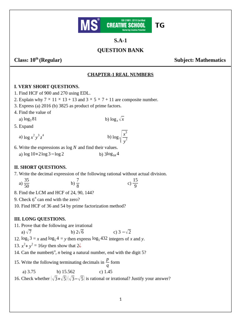Class 10th SA-1 Question Bank & Bit Bank (Regular) | PDF