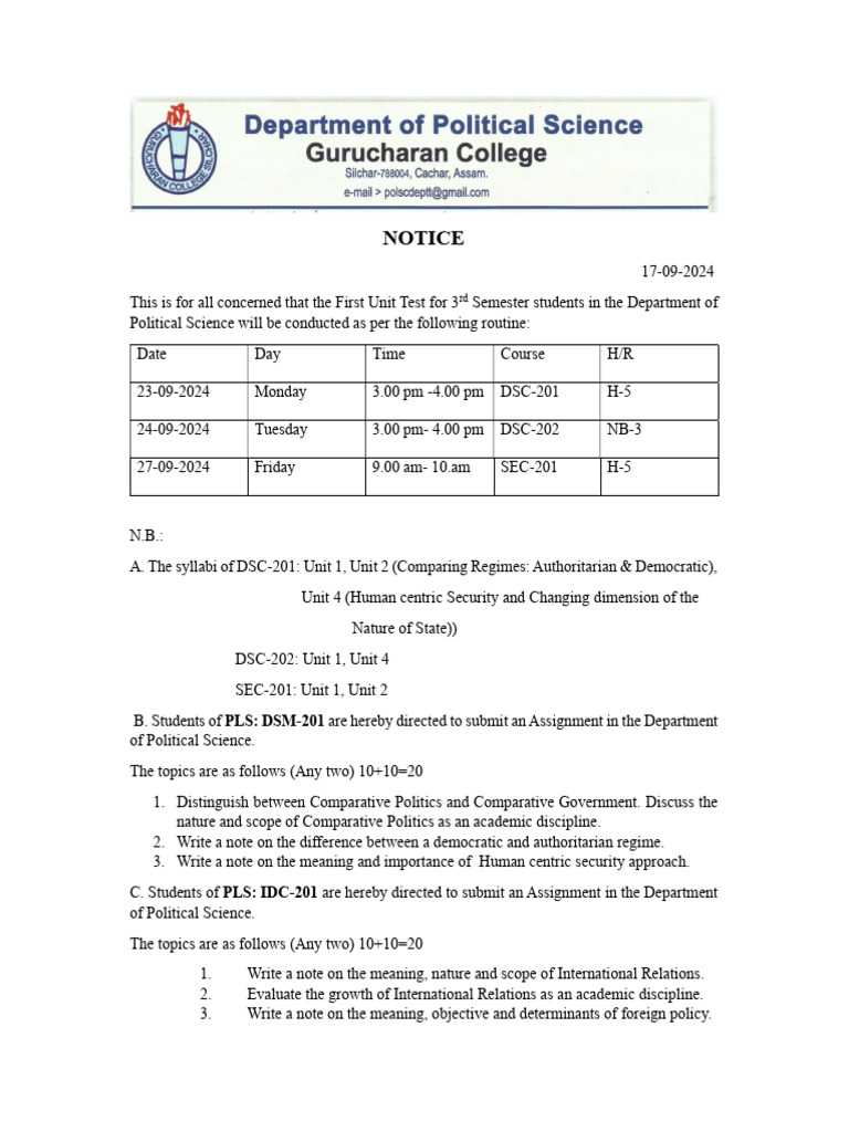 Routine & Syllabus For 3rd Sem Unit Test - Political Science | PDF