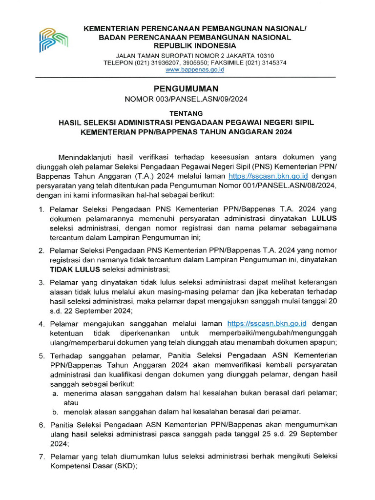 Pengumuman 003 Hasil Seleksi Administrasi Pada Seleksi Pengadaan Pns Ta