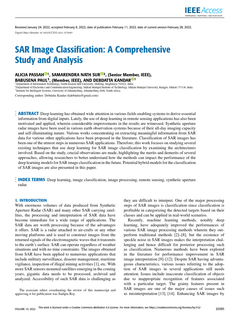 SAR Image Classification A Comprehensive Study and Analysis | PDF