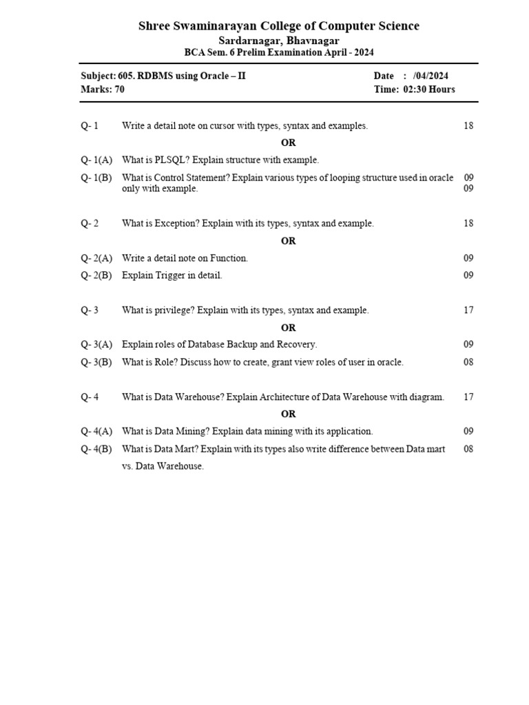 605-RDBMS Using Oracle Prelim Paper 2024 | PDF