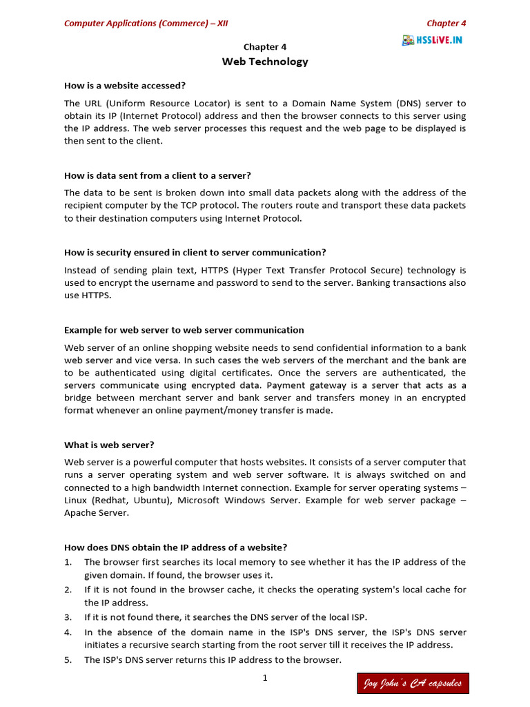 HSSLiVE XII CA Chapter - 4 Web Technology Joy John | PDF | World Wide ...