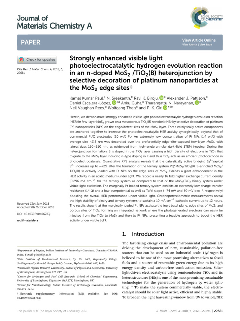 MoS2 PT TiO2 Heterostructures | PDF