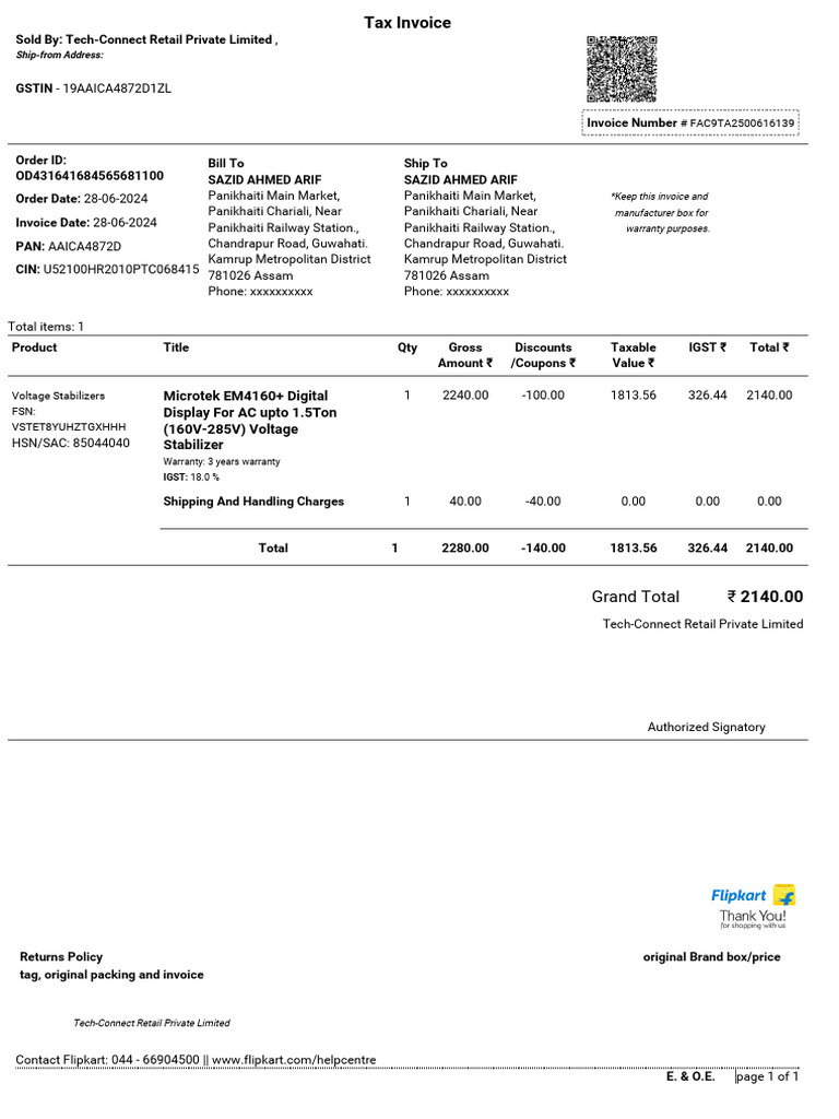 Microtek Stabilizer Invoice PDF Taxes Payments