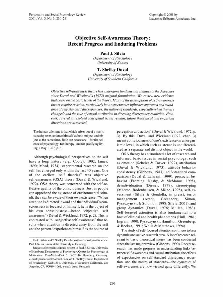 T.shelley Duval - Objective Self Awareness Theory - Recent Progress and ...