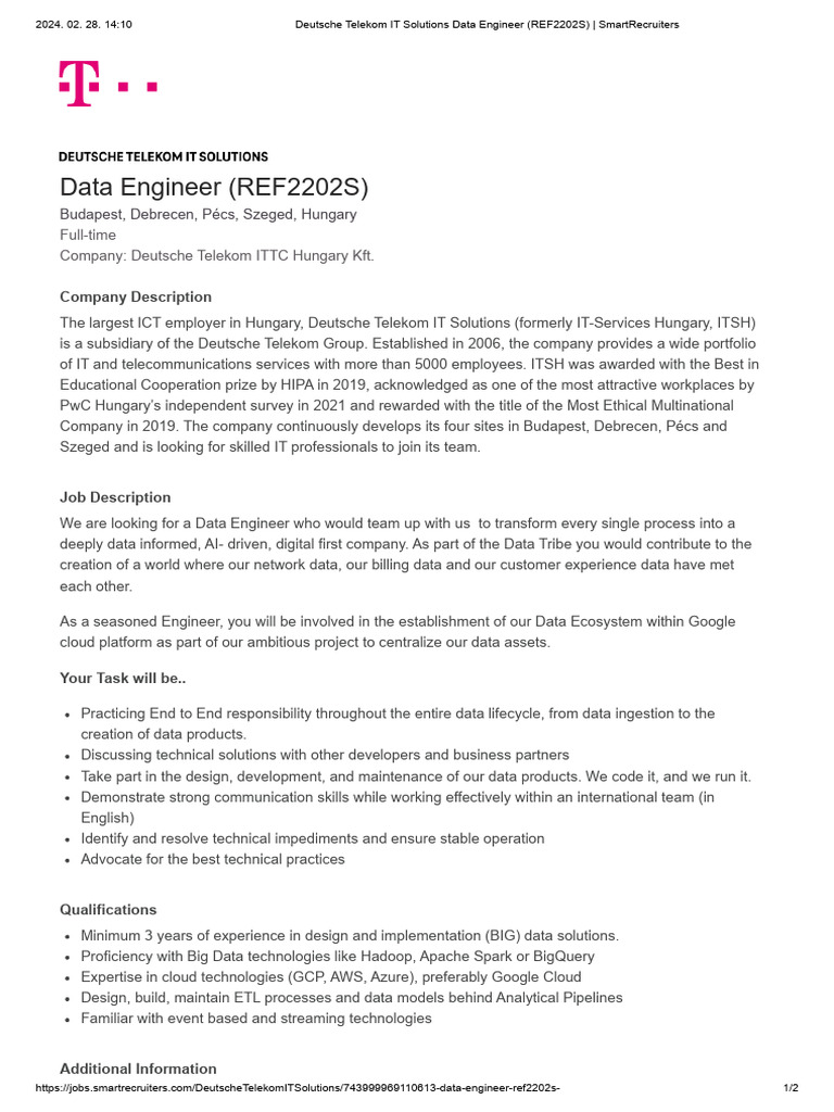 Data Engineer (REF2202S) - SmartRecruiters | PDF