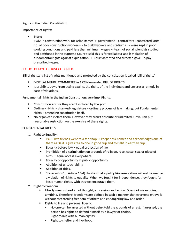 Rights In The Indian Constitution My Notes Pdf