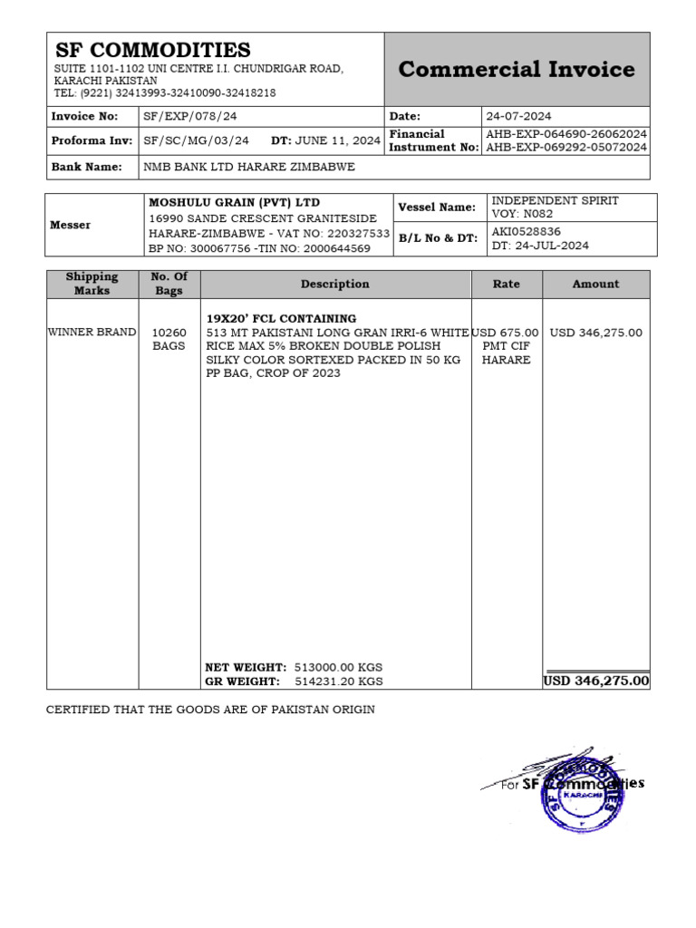 Pakistan Commercial Invoice Template | PDF