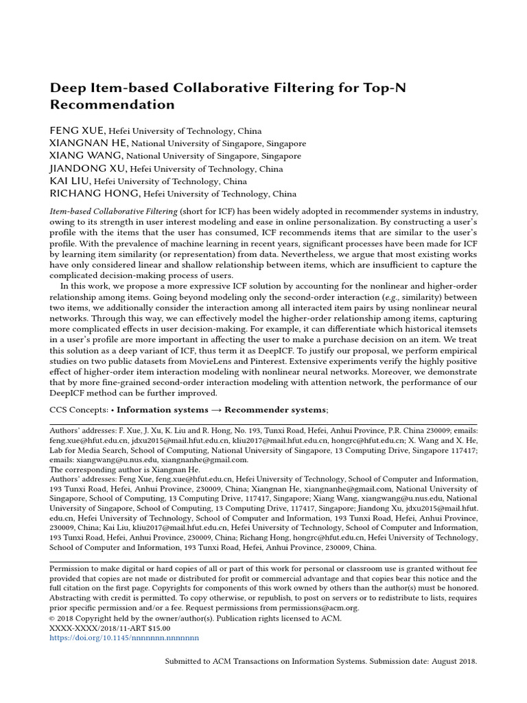Deep Item-Based Collaborative Filtering For Top-N 332 | PDF