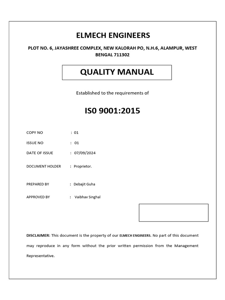ELMECH QUALITY MANUAL (ISO 9001-2015)- (COPY-01) | PDF