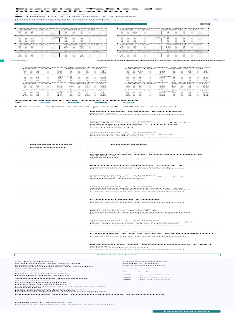 Exercice Tables de Multiplication Télécharger Gratuitement PDF Des ...