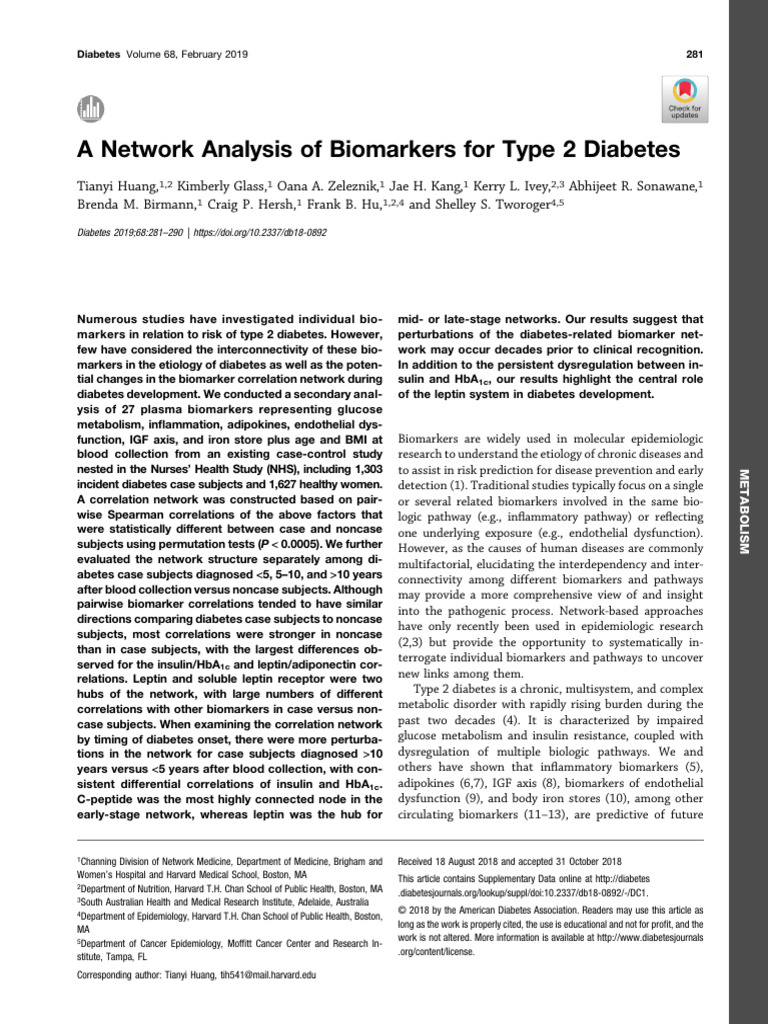 A Network Analysis of Biomarkers For Type 2 Diabetes | PDF