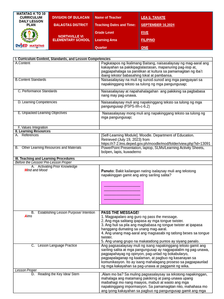 MATATAG DAILY LESSON PLAN - FILIPINO Sept. 16 2024 | PDF