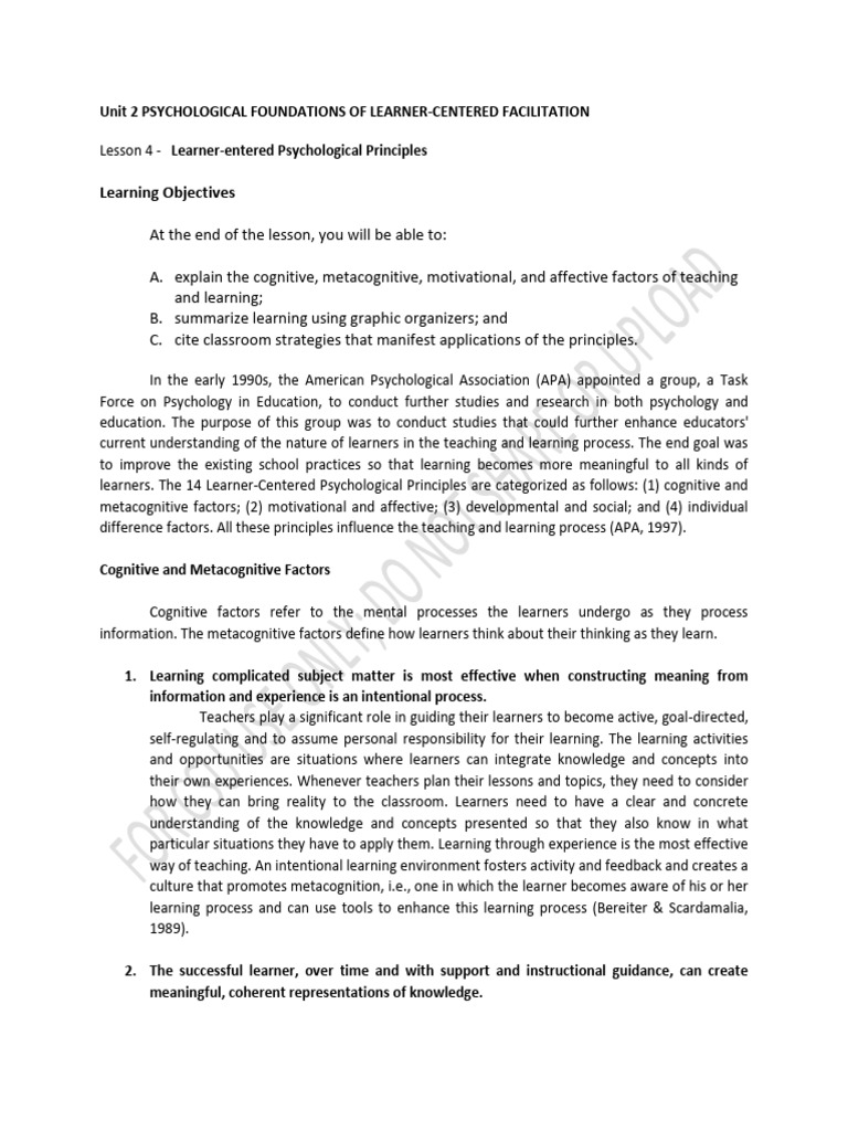 Lesson 4 Learner Centered Principles Of Teaching Pdf