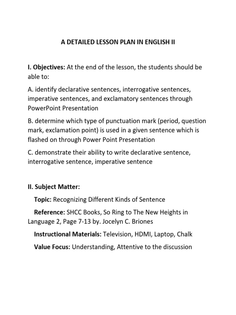 Lesson Plan in English II | PDF | Sentence (Linguistics) | Question